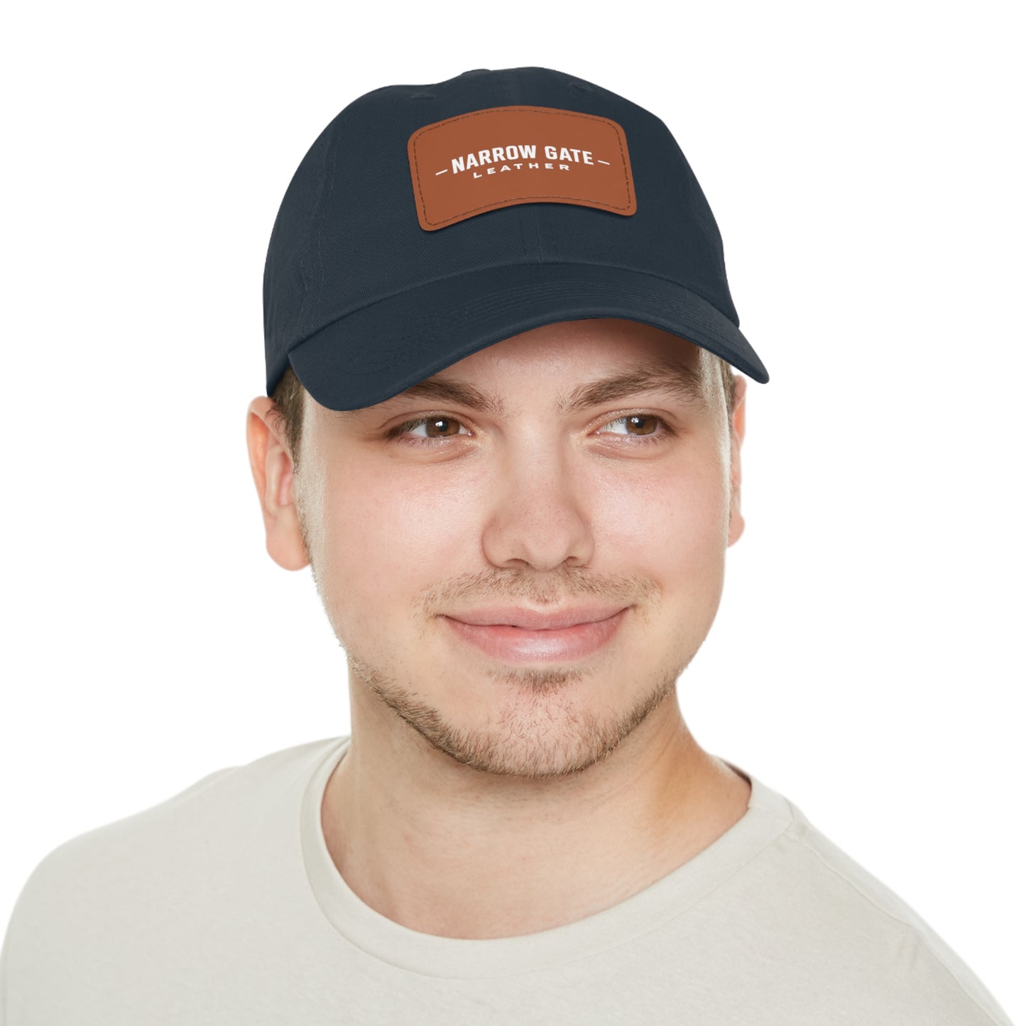 Leather Patch Dad Hat — "Narrow Gate Leather" Embroidered Rectangle Patch
