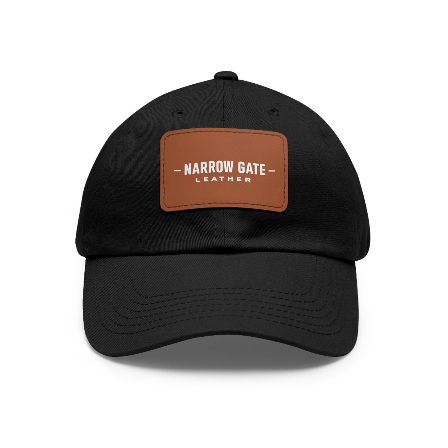 Leather Patch Dad Hat — "Narrow Gate Leather" Embroidered Rectangle Patch