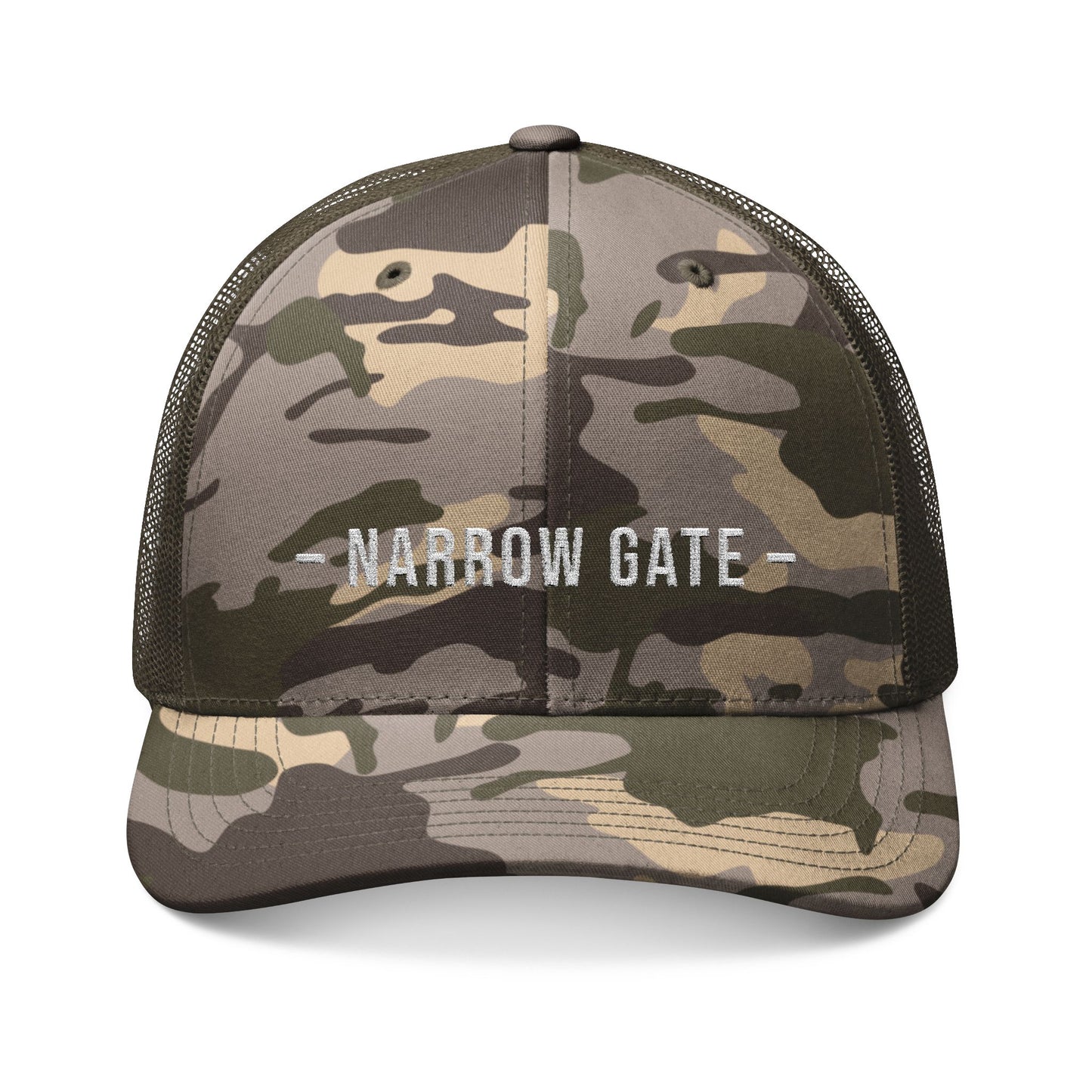 Camouflage Trucker Hat — "NARROW GATE" Embroidered Mesh Cap