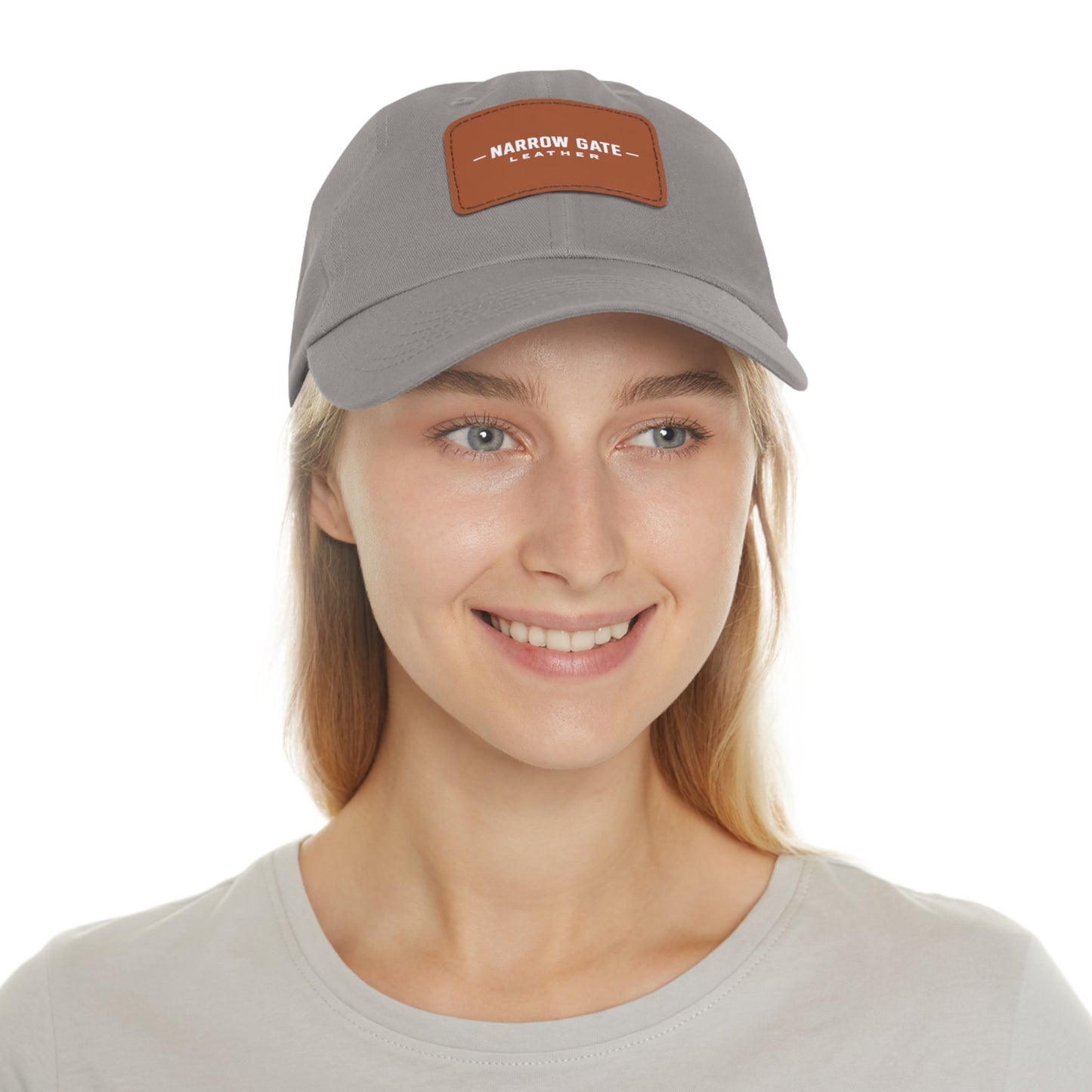 Leather Patch Dad Hat — "Narrow Gate Leather" Embroidered Rectangle Patch