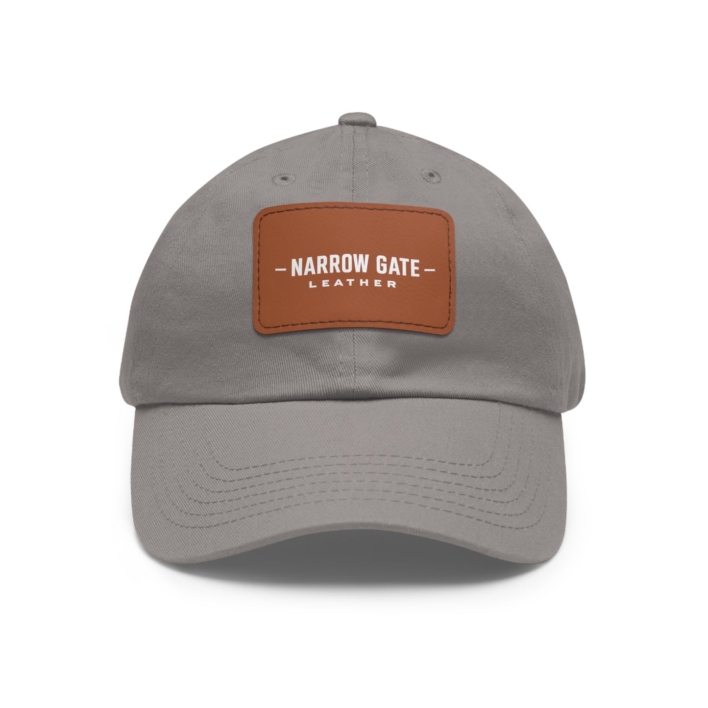 Leather Patch Dad Hat — "Narrow Gate Leather" Embroidered Rectangle Patch