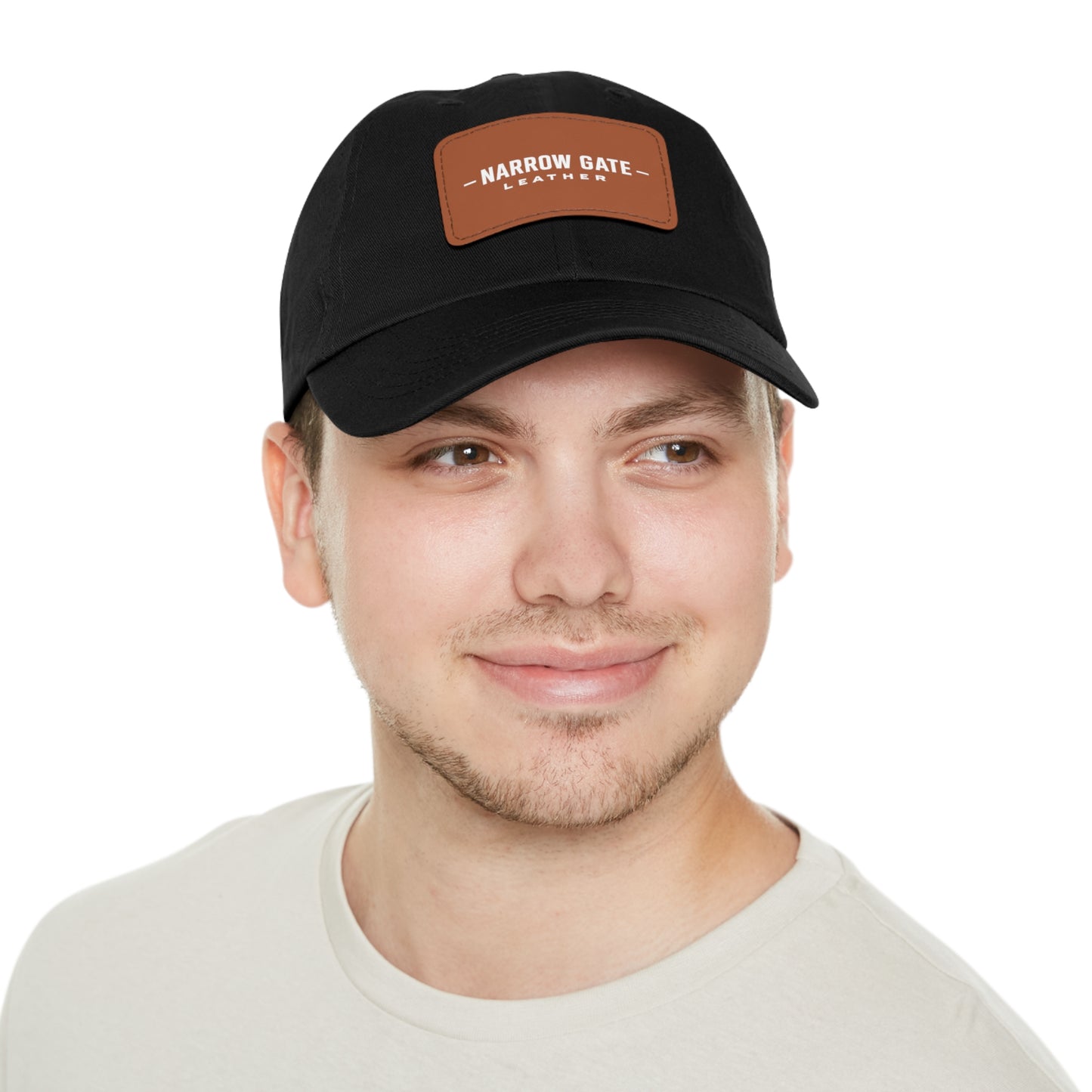 Leather Patch Dad Hat — "Narrow Gate Leather" Embroidered Rectangle Patch