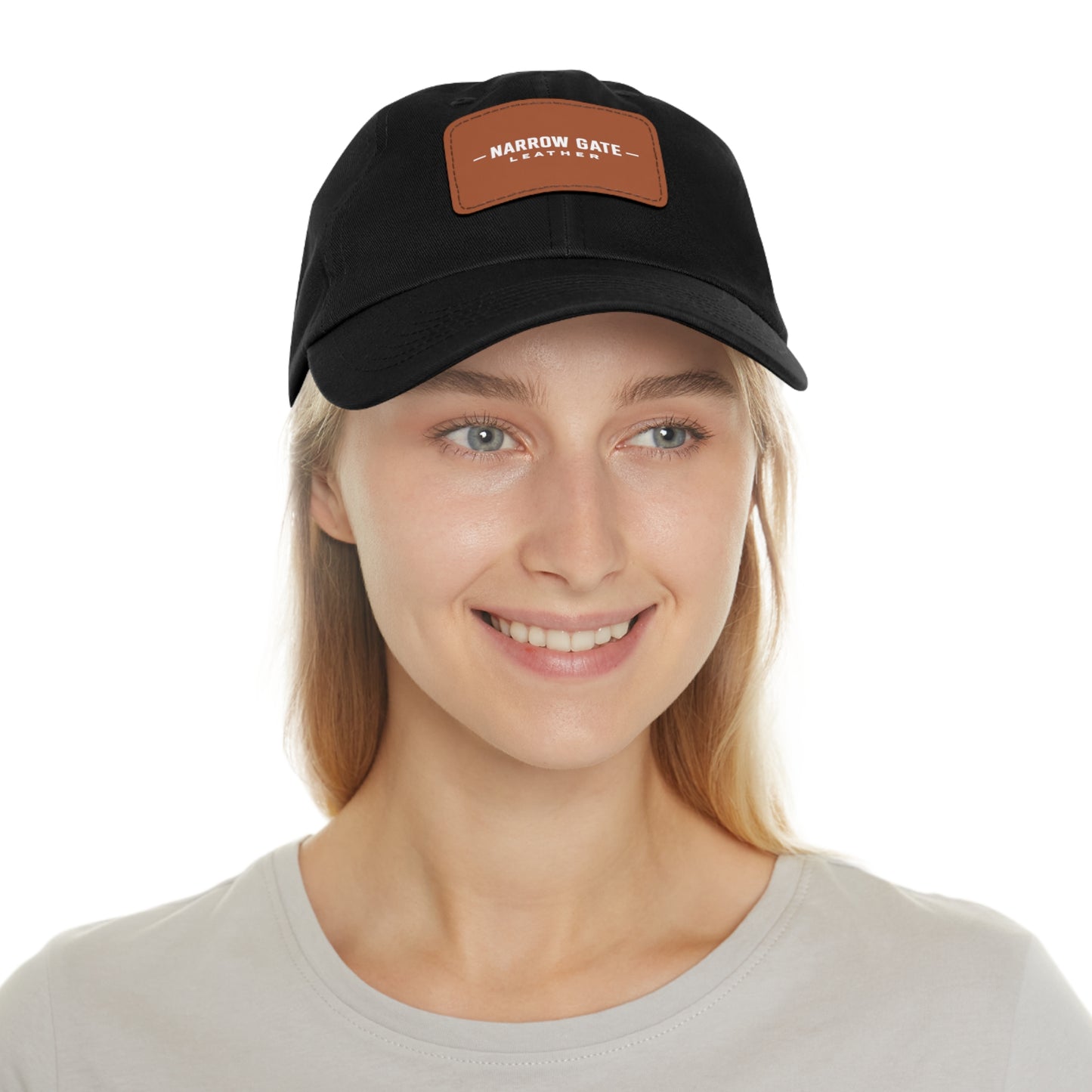 Leather Patch Dad Hat — "Narrow Gate Leather" Embroidered Rectangle Patch