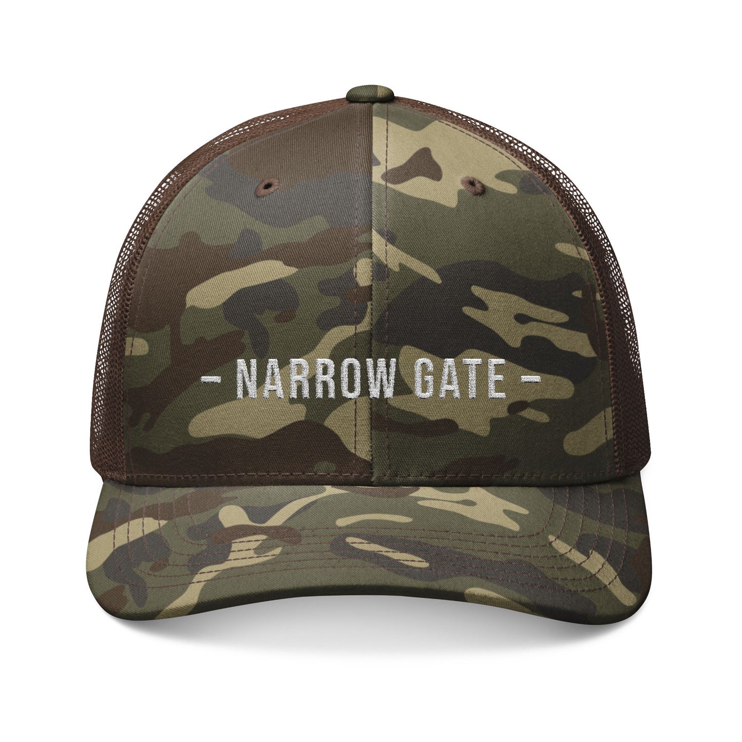 Camouflage Trucker Hat — "NARROW GATE" Embroidered Mesh Cap