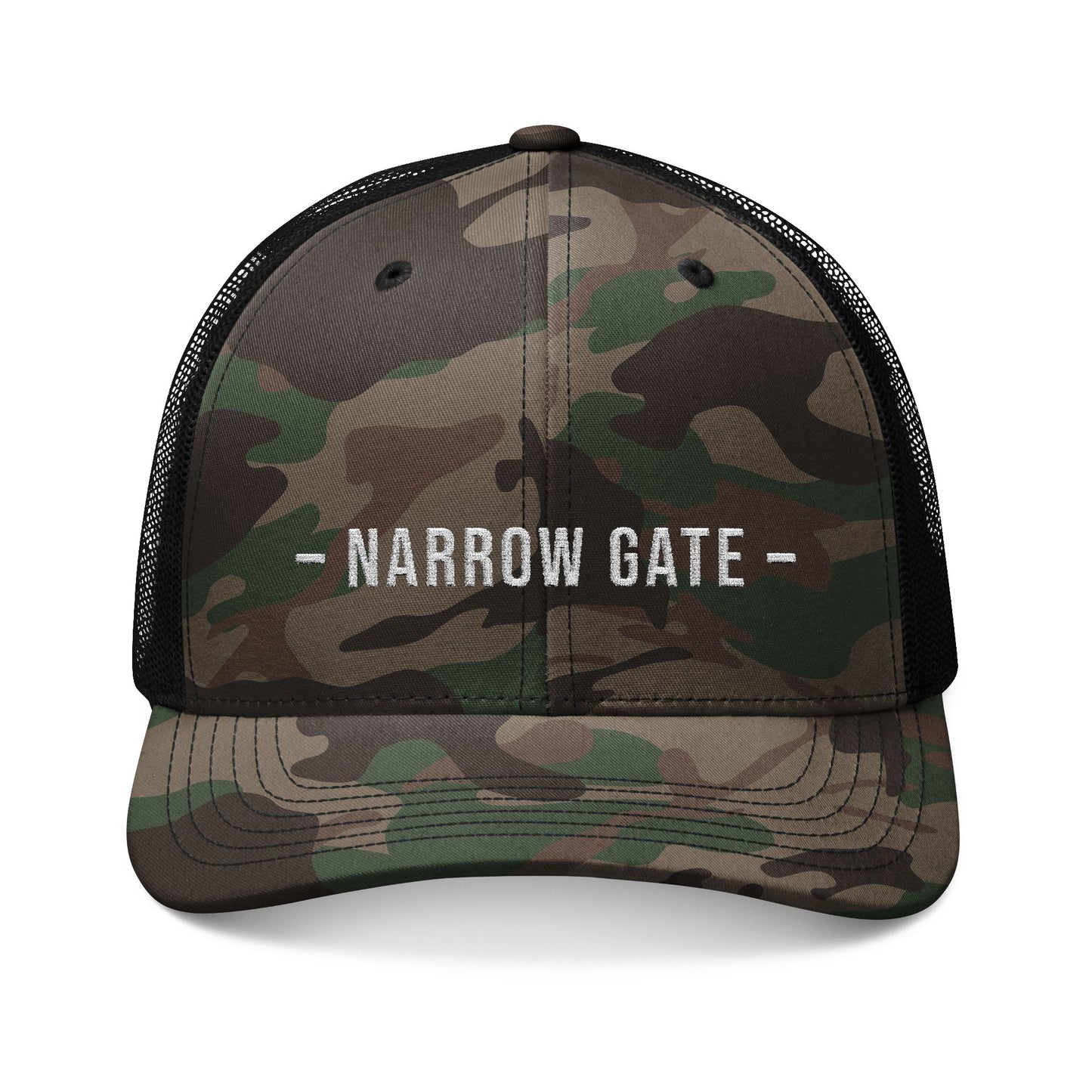Camouflage Trucker Hat — "NARROW GATE" Embroidered Mesh Cap