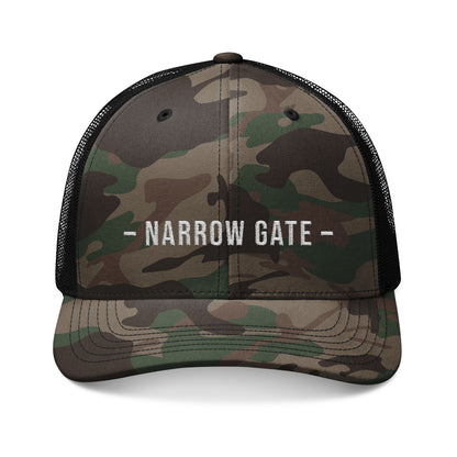Camouflage Trucker Hat — "NARROW GATE" Embroidered Mesh Cap