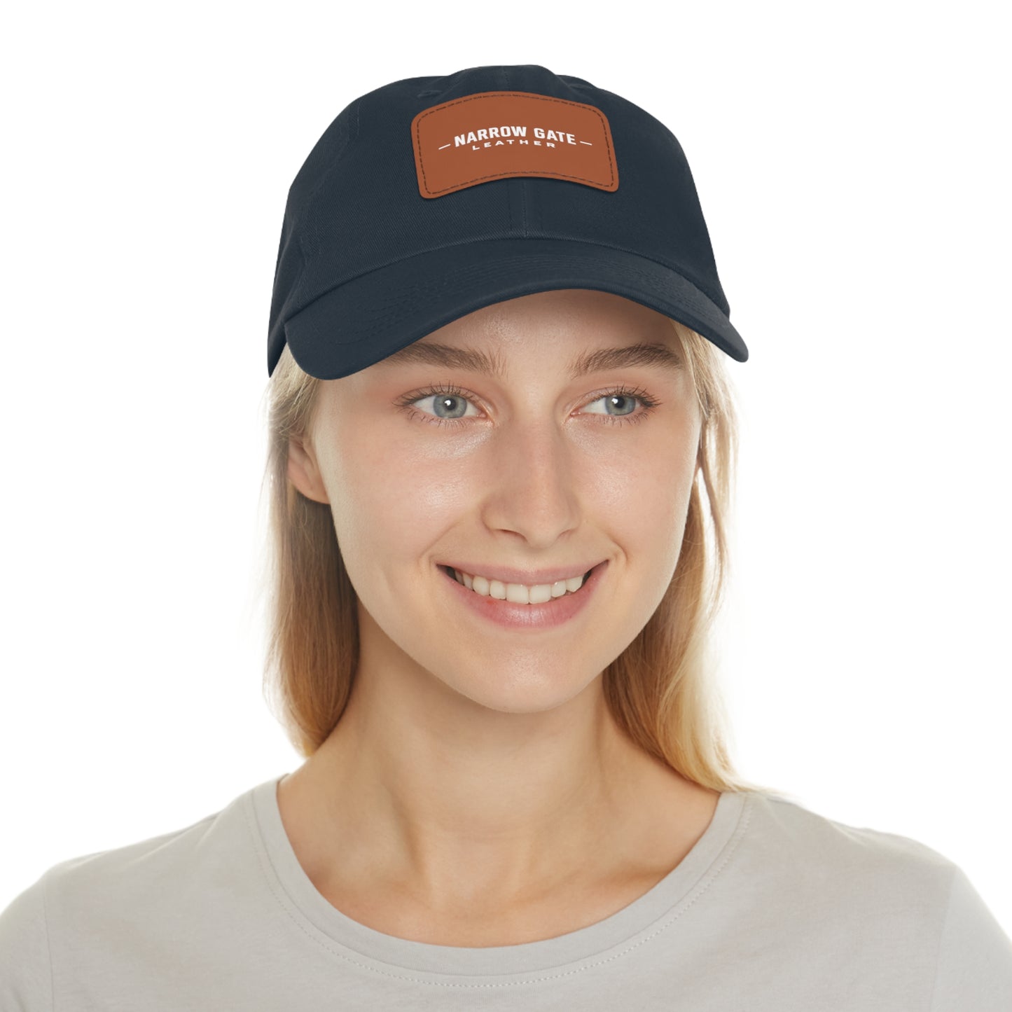 Leather Patch Dad Hat — "Narrow Gate Leather" Embroidered Rectangle Patch